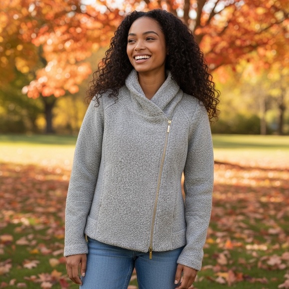 Lucky Brand Textured Knit Asymmetrical Zip Sweater Jacket Cozy Fall Gray Size M - Picture 5 of 10